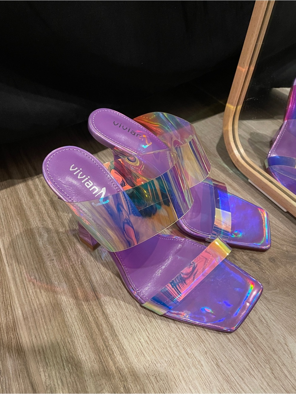 Vivianly Purple Iridescent Slide Heels